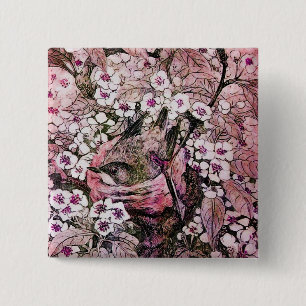 Badge Carré 5 Cm NID OISEAU, rose rouge blanc