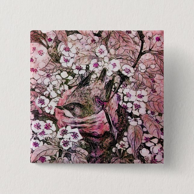 Badge Carré 5 Cm NID OISEAU, rose rouge blanc (Devant)