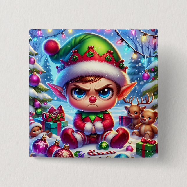 Badge Carré 5 Cm Noël de l'elfe grincheux (Devant)