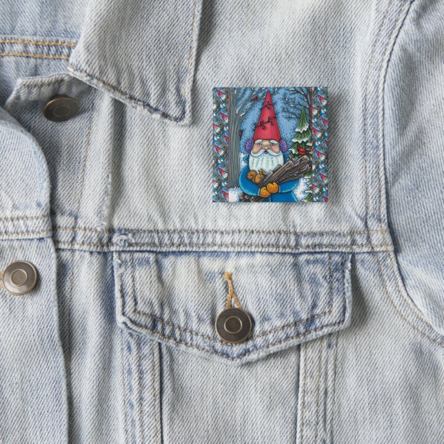 BADGE CARRÉ 5 CM NOËL GNOME, SQUIRREL, WOODPECKER & CARDINAL (En situation)