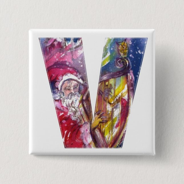 BADGE CARRÉ 5 CM NOËL V LETTRE / PÈRE NOËL JOUER AU HARP (Devant)