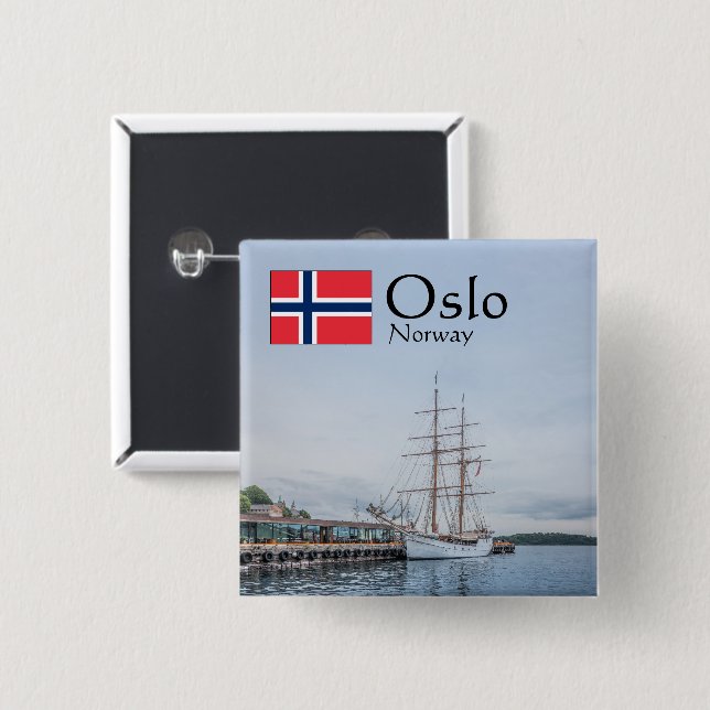 Badge Carré 5 Cm Norvège Oslo Souvenir (Devant & derrière)