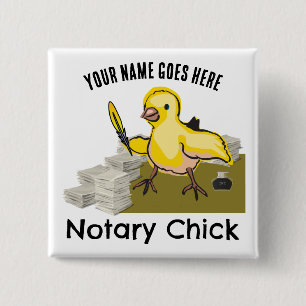 Badge Carré 5 Cm Notaire Chick Jaune Plumes Quill Nom Customisé