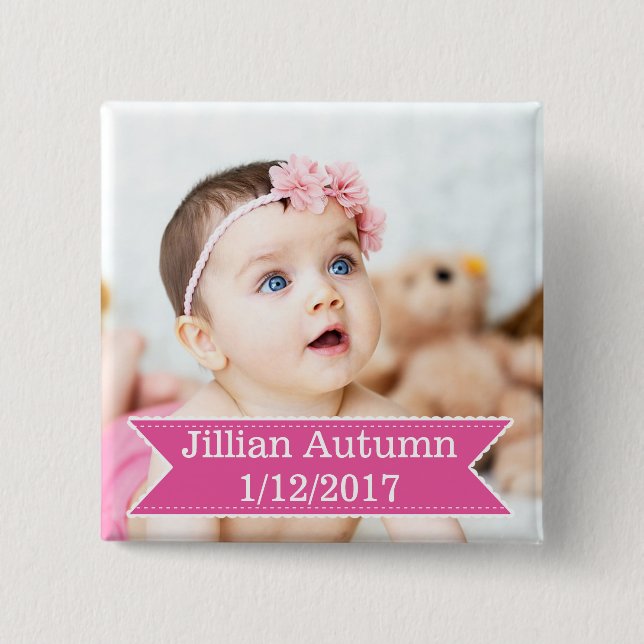 Badge Carré 5 Cm Nouvelle photo de bébé et bouton rose nommé de (Devant)