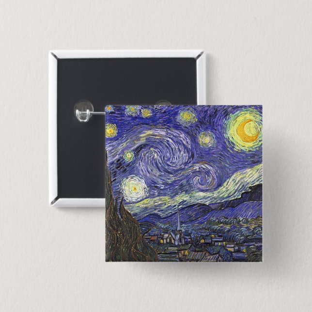 Badge Carré 5 Cm Nuit étoilée par Vincent van Gogh (Devant & derrière)
