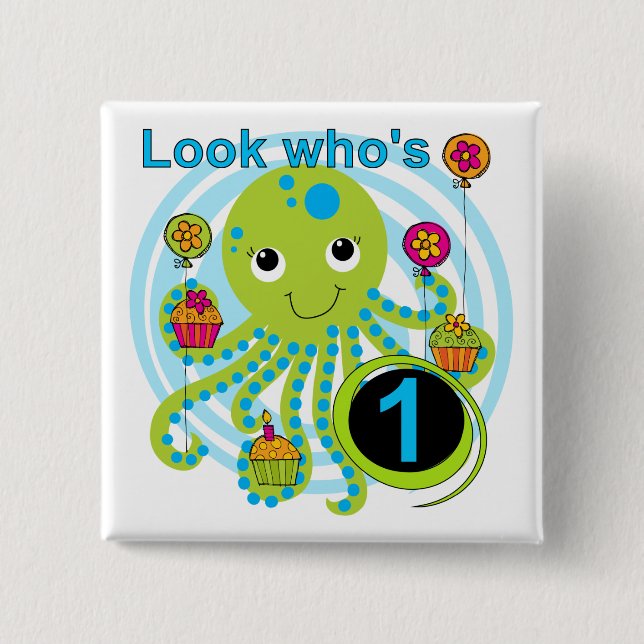 Badge Carré 5 Cm Octopus 1er Anniversaire T-shirts et cadeaux (Devant)