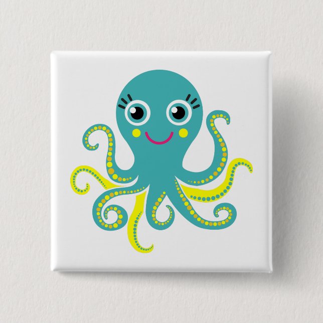 Badge Carré 5 Cm Octopus bleu et jaune (Devant)
