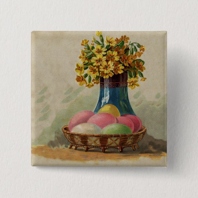 Badge Carré 5 Cm Oeufs Pâques Panier Fleurs Antique (Devant)