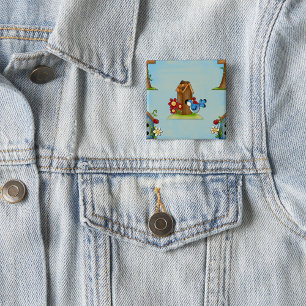 Badge Carré 5 Cm Oiseau Bleu Fantaisiste et Maison d'Oiseau Mignon