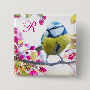 Badge Carré 5 Cm Oiseau et fleurs roses Monogramme
