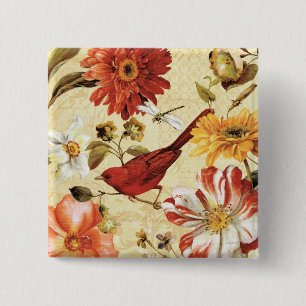 Badge Carré 5 Cm Oiseau rouge dans un jardin d'agrément
