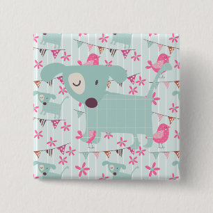 Badge Carré 5 Cm Oiseaux, Chiens, Bannières, Fleurs