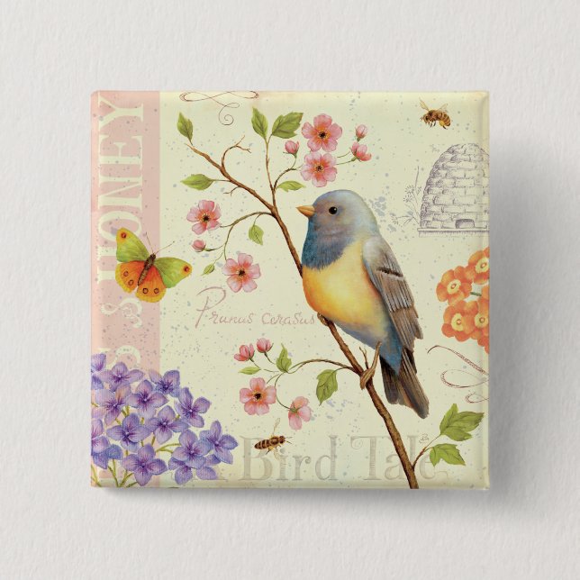 Badge Carré 5 Cm Oiseaux et abeilles (Devant)