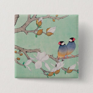 Badge Carré 5 Cm Oiseaux jumeaux dans les branches