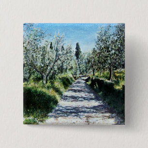 BADGE CARRÉ 5 CM OLIVIERS DANS LE PAYSAGE TOSCANE