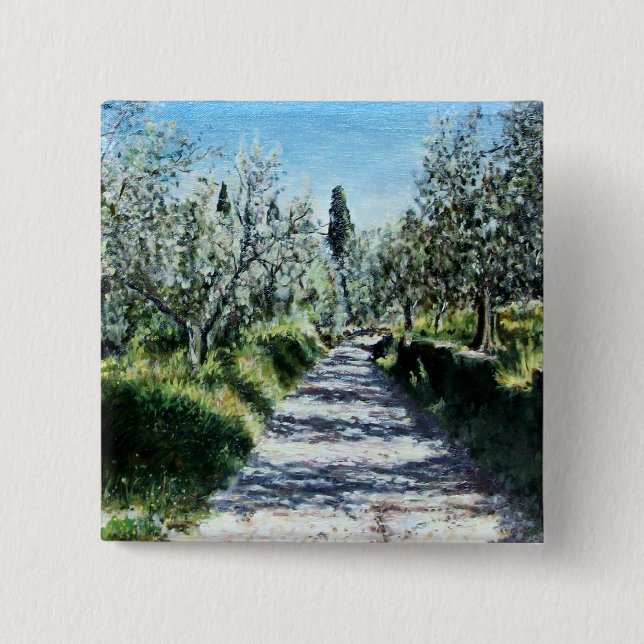 BADGE CARRÉ 5 CM OLIVIERS DANS LE PAYSAGE TOSCANE (Devant)