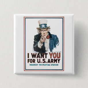 Badge Carré 5 Cm Oncle Sam "JE VOUS VEUX !"