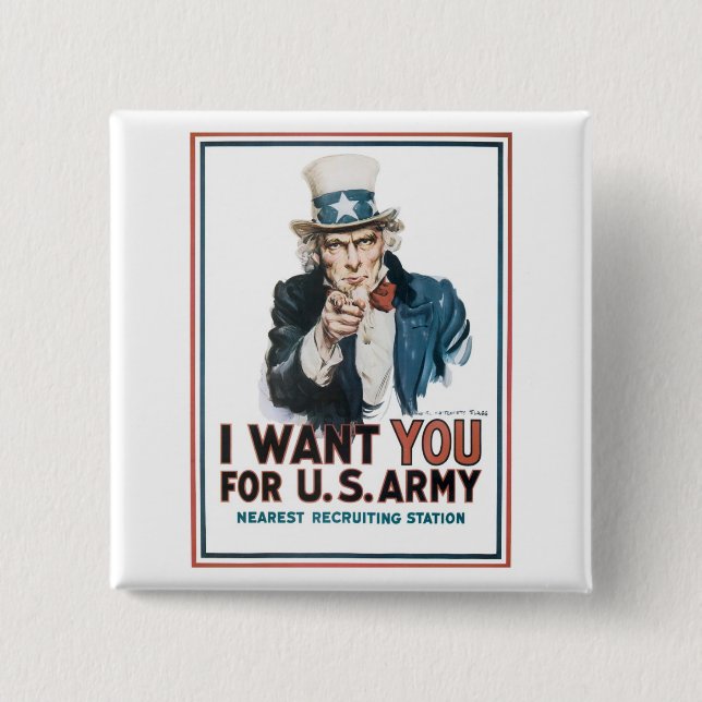Badge Carré 5 Cm Oncle Sam "JE VOUS VEUX !" (Devant)