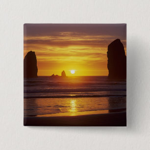 Badge Carré 5 Cm OR, côte de l'Oregon, Cannon Beach, piles marines