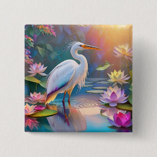 Badge Carré 5 Cm Orange Billed White Heron Imaginaire Bird