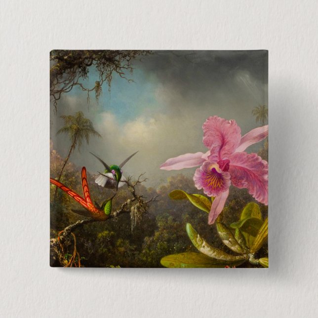 Badge Carré 5 Cm Orchidée avec deux colibris Heade (Devant)