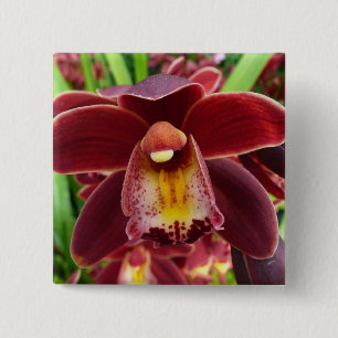 Badge Carré 5 Cm Orchidées de Maroon I Beau Floral Rouge