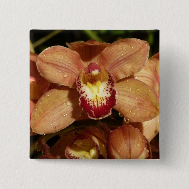 Badge Carré 5 Cm Orchidées de Pêche avec Raindrops Floral (Devant)