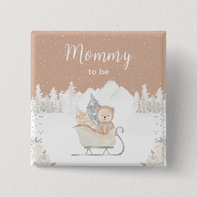 Badge Carré 5 Cm Ours Brun Traîneau d'Hiver Future Maman (Devant)