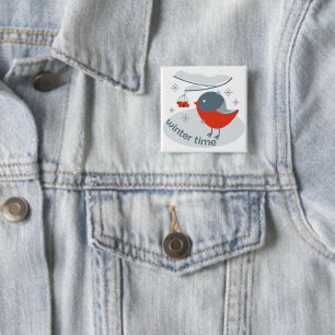 Badge Carré 5 Cm Ours d'hiver et baies de raies rouges