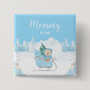 Badge Carré 5 Cm Ours d'hiver Maman futur bébé Luge Bleue