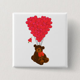 Badge Carré 5 Cm Ours en peluche et ballons cardiaques