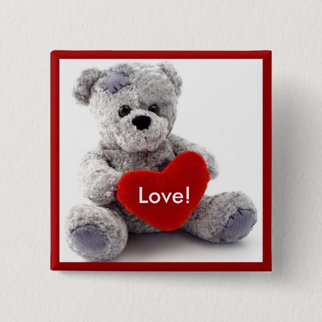 Badge Carré 5 Cm Ours Gris Au Coeur (Devant)