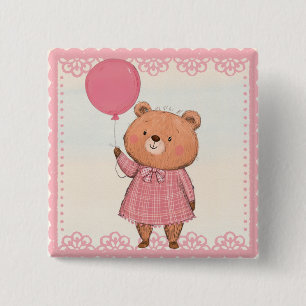 Badge Carré 5 Cm Ours rosé avec ballotte rose