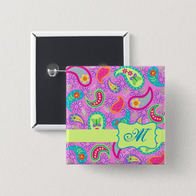 Badge Carré 5 Cm Paisson Monogram Magenta Rose Vert moderne (Devant & derrière)