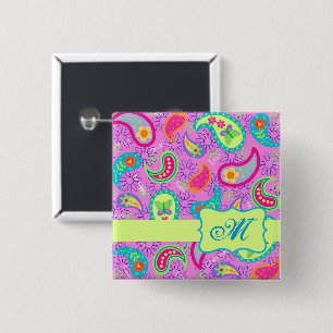 Badge Carré 5 Cm Paisson Monogram Magenta Rose Vert moderne