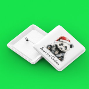 Badge Carré 5 Cm panda bébé en casquette de noël, personnalisable