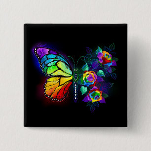 Badge Carré 5 Cm Papillon arc-en-ciel