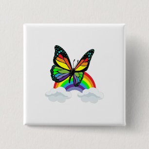 Badge Carré 5 Cm Papillon avec arc-en-ciel