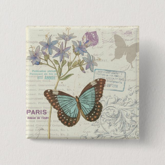 Badge Carré 5 Cm Papillon bleu et Brown (Devant)