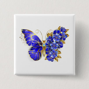 Badge Carré 5 Cm Papillon Saphir Fleur