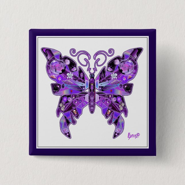 Badge Carré 5 Cm Papillon violet 31 Bouton (Devant)