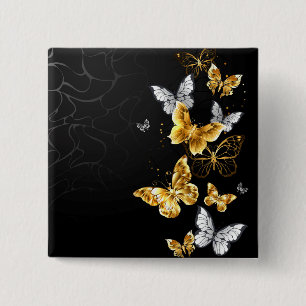 Badge Carré 5 Cm Papillons d'or et de blanc