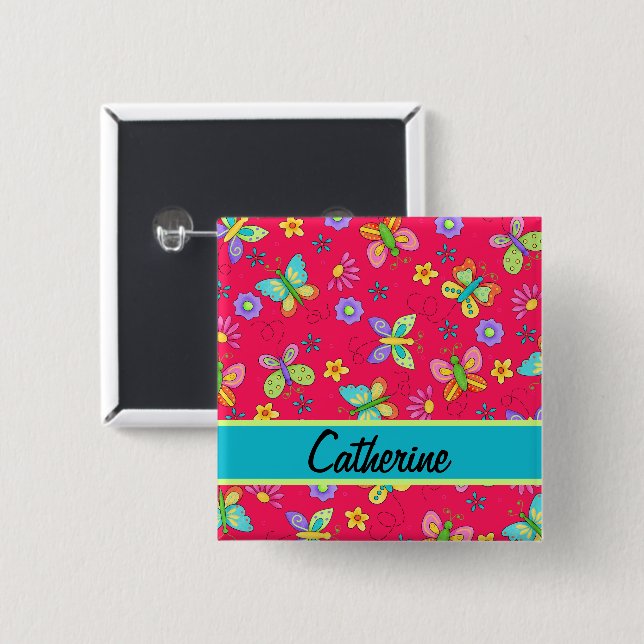 Badge Carré 5 Cm Papillons Moderne Whimsy Rouge Monogramme Whimsy (Devant & derrière)