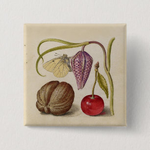 Badge Carré 5 Cm Papillons noix Fleur Cerisier Aquarelle Art