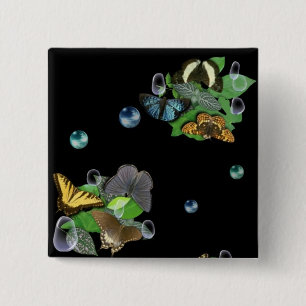 Badge Carré 5 Cm Papillons sur Feuille