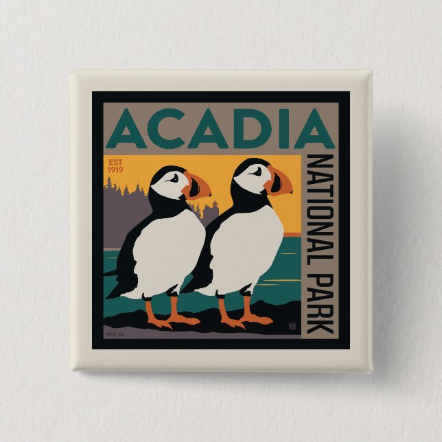 Badge Carré 5 Cm Parc national de l'Acadie, Maine | Puffins (Devant)