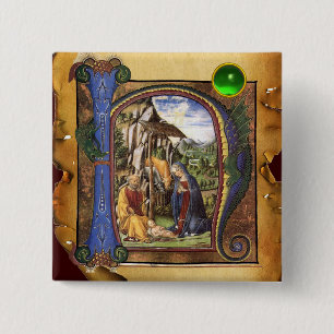Badge Carré 5 Cm PARCHEMENT DE NATIVITÉ Monogramme d'émeraude vert