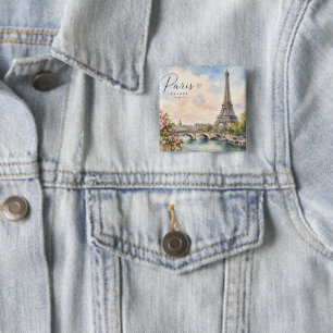 Badge Carré 5 Cm Paris France Tour Eiffel rivière seine