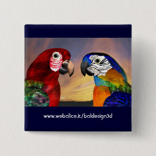 BADGE CARRÉ 5 CM PARROS HYPER / ARBRE ROUGE ET BLEU