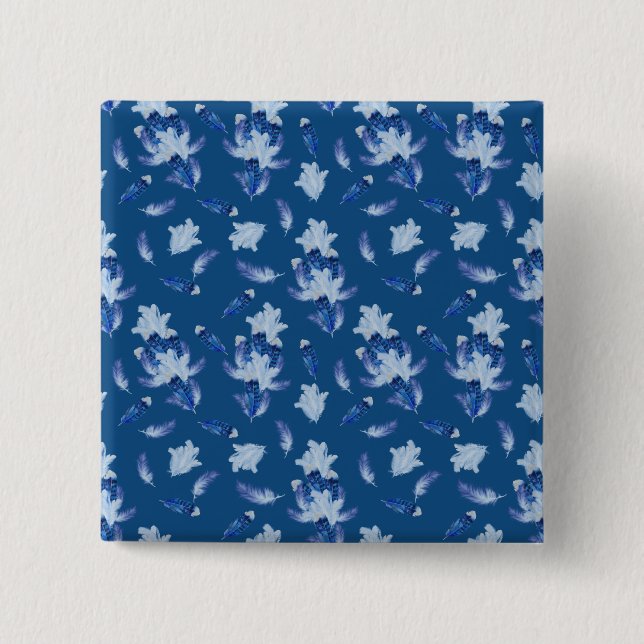 Badge Carré 5 Cm Parrot Exotique-Blanc Bleu Plumes Répéter (Devant)